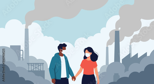 Young couple holding hands while wearing protective face masks in front of a polluted city with smoking factory chimneys.