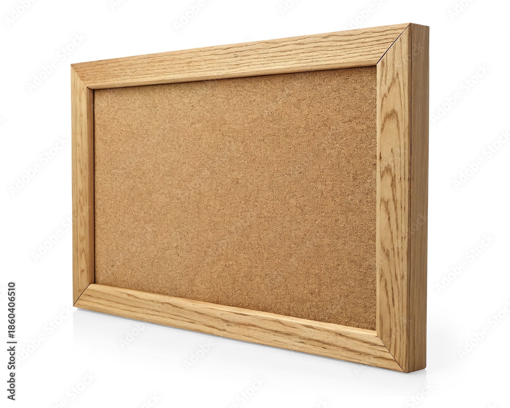 Fototapeta premium Wooden Cork Board with Light Frame - Elegant Wooden-Framed Cork Bulletin Board for Pinning Notes and Organizing Ideas, Perfect for Home or Office on Transparent Background.