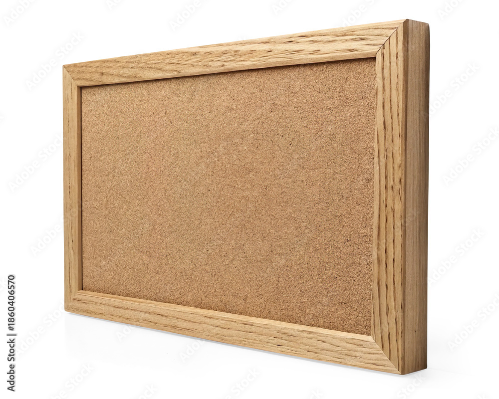 Fototapeta premium Wooden Cork Board with Light Frame, Stylish Wooden-Framed Cork Bulletin Board, Perfect Blank Cork Board for Notes and Reminders, Versatile and Practical on Transparent Background.