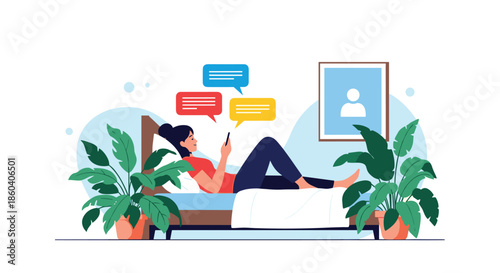 Relaxed woman lying in bed and using her smartphone with multiple chat bubbles floating above her in a cozy room.