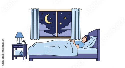 Man sleeping peacefully in his bed at night with a window view of the moon stars and clouds in a clear dark blue sky.