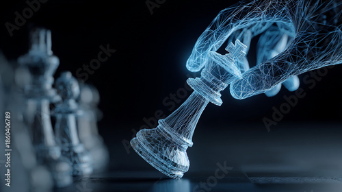 Futuristic digital hand playing chess with glowing blue wireframe king piece