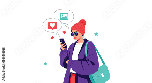 Stylish young woman wearing a beanie and sunglasses using a smartphone with social media like and image icons.