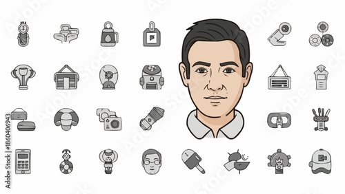 Mans Portrait Surrounded by Various Design and Craft Icons.