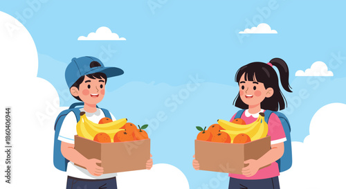 Two children carrying cardboard boxes filled with fresh bananas and oranges against a sunny blue sky background.