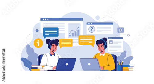 Two dedicated customer support agents, a man and a woman, working on laptops with headsets, surrounded by chat bubbles and data.