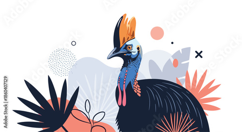 A majestic cassowary bird with its vibrant blue and orange head and neck, surrounded by lush tropical leaves and abstract shapes.
