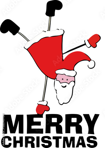 Humorous illustration of Santa Claus hanging upside down while holding a Merry Christmas sign, perfect for holiday designs, greeting cards, posters, and festive marketing projects.