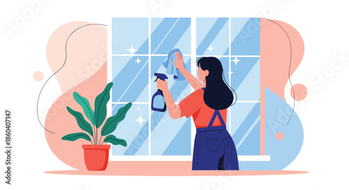 A diligent woman cleaning a sparkling window with a spray bottle and cloth, depicting domestic chores and home maintenance.