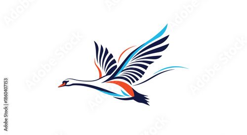 A dynamic and abstract stylized swan flying with elegant colorful lines, designed as a modern and graceful emblem.