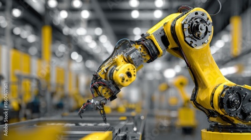 A bright yellow robotic arm extends from a blurred factory setting. Focus on arm detail, background out of focus