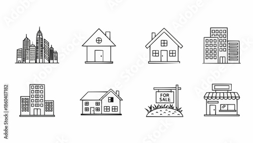 Collection of Real Estate and Building Icons in Outline Style.