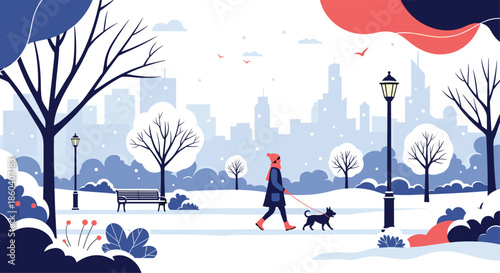 A serene winter city park scene with a person walking a dog on a snowy path, surrounded by bare trees and a city skyline.