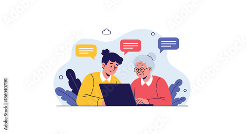 A caring young woman assisting an elderly woman with using a laptop, surrounded by chat bubbles, symbolizing digital literacy and support.