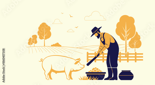 A diligent farmer in a hat and overalls feeding a happy pig on a traditional farm, set against a tranquil rural landscape.
