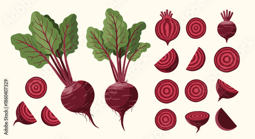 A vibrant collection of whole beetroots with green leaves, alongside various sliced and cut beetroots, for healthy cooking.