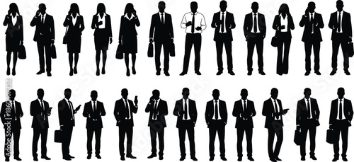 Large collection of professional business people silhouettes in suits using mobile phones and tablets for corporate communication and technology themes