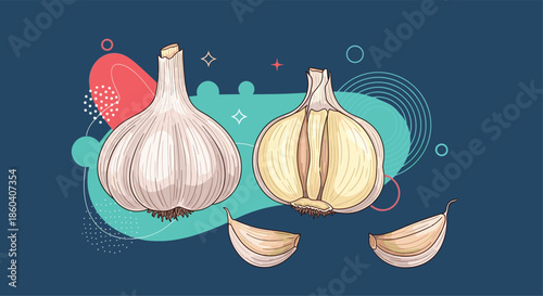 Two vibrant garlic bulbs, one sliced, with individual cloves, surrounded by abstract colorful shapes on a dark blue background.