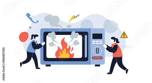 Two worried women frantically dealing with a microwave that has caught fire, depicting a dangerous kitchen accident and emergency.