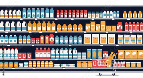 A realistic depiction of fully stocked supermarket shelves filled with diverse products and a shopping cart for grocery shopping.