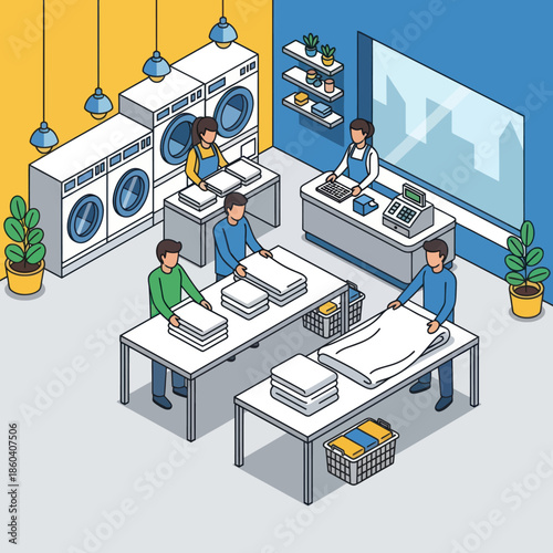 Laundry Service Workers Folding Clean Clothes.