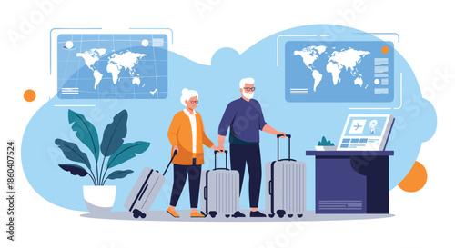 Senior couple with luggage standing at airport check-in, ready to travel the world, with global maps displayed in the background.