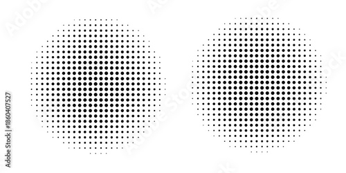 Set of halftone dots gradient pattern texture isolated on white background. Straight dotted spots using halftone circle dot raster texture.