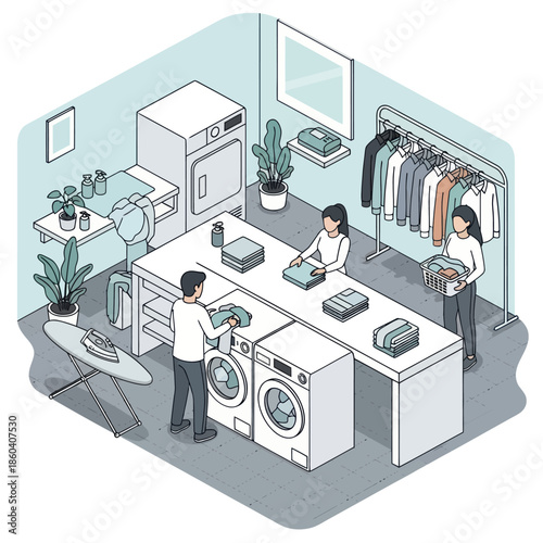 Laundry Room Scene with People Working.