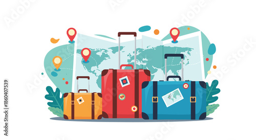 Stack of colorful travel suitcases adorned with stickers, standing against a world map with location pins, symbolizing adventure.