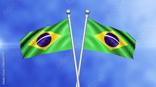 Brazil Crossed Flags Waving in Blue Sky Loop Animation | Realistic 3D National Flag Background