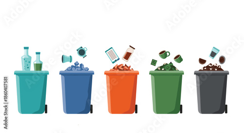 Set of five color-coded recycling bins, each filled with different types of waste, promoting proper waste segregation and recycling.