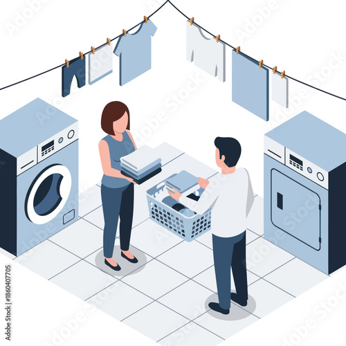 Couple Doing Laundry Together in Utility Room.