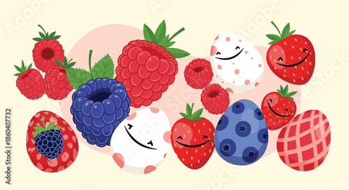 Creative collection of colorful Easter eggs decorated with berry patterns, accompanied by fresh raspberries, blueberries, and strawberries.