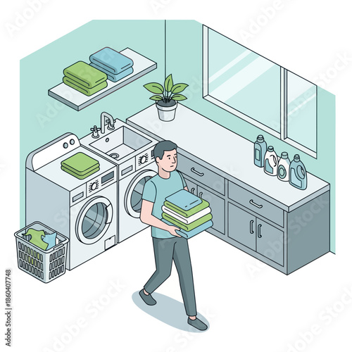 Man holding laundry in a laundry room.