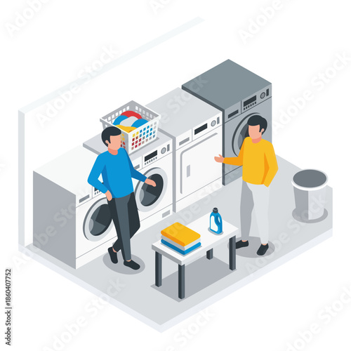 Two People Doing Laundry in Utility Room.