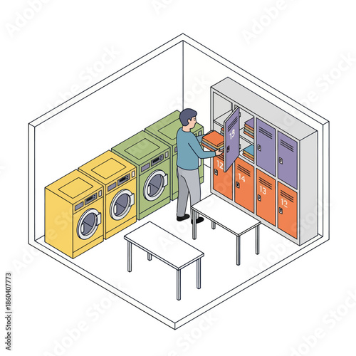 Man doing laundry in a laundromat.