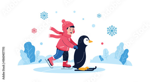 Happy child ice skating on a frozen surface, using a penguin-shaped helper for balance, surrounded by a serene snowy winter landscape.