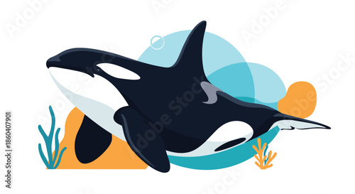 Majestic killer whale, also known as an orca, gracefully swimming through abstract underwater currents, showcasing its powerful presence.