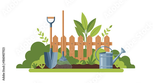 Essential gardening tools including a shovel, rake, and watering can, placed in a lush garden with a wooden fence, ready for cultivation.