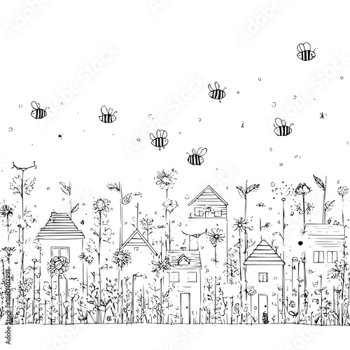 Black and White Illustration of Bees Flying over Houses and Flowers in Garden