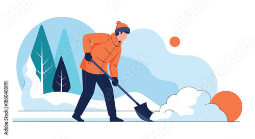 Diligent man shoveling snow from a path in a winter landscape, highlighting seasonal chores and outdoor winter activity.