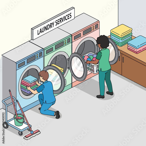 Laundry Workers Operating Washing Machines.