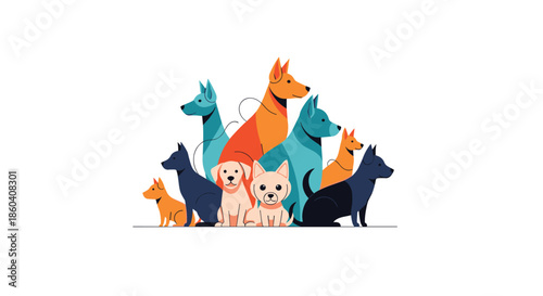 Adorable group of diverse dogs and puppies of various breeds and colors, depicted in a joyful and playful arrangement, representing canine companionship.