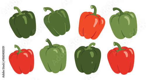 Vibrant collection of fresh red and green bell peppers, showcasing their crisp texture and bright colors, ideal for healthy cooking and salads.