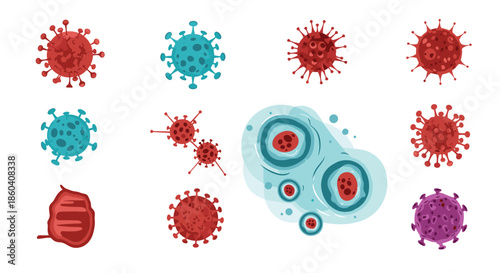 Diverse collection of microscopic virus and bacteria shapes, representing different pathogens and their cellular structures, for medical science.