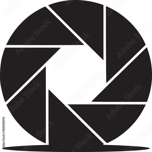 A simple black and white image of a camera aperture symbol on a white background with a shadow