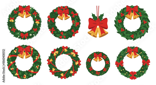 Festive collection of traditional Christmas wreaths adorned with red bows, golden bells, and holly, symbolizing holiday cheer and decoration.