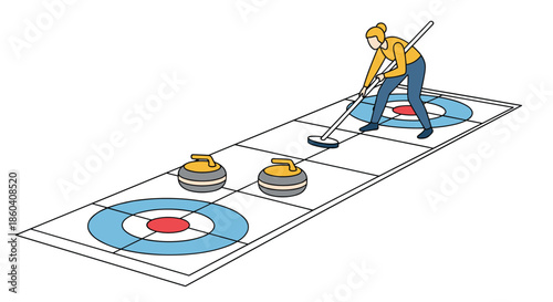 Focused woman participating in a curling game on an ice rink, sweeping the ice in front of the stones, depicting a winter sport.