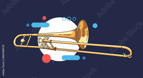 Golden brass trombone, a classic musical instrument, displayed with abstract colorful shapes, representing music and artistic expression.