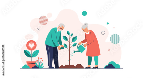 Happy elderly couple collaboratively planting and watering a young tree, symbolizing growth, sustainability, and contributing to nature.